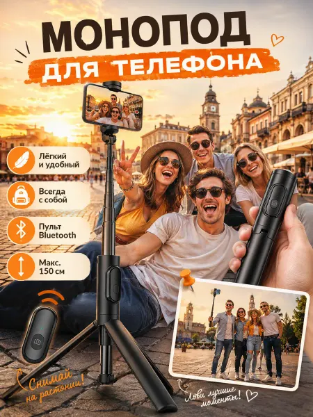 Селфи-штатив 153 см на 8 секций с пультом для телефона