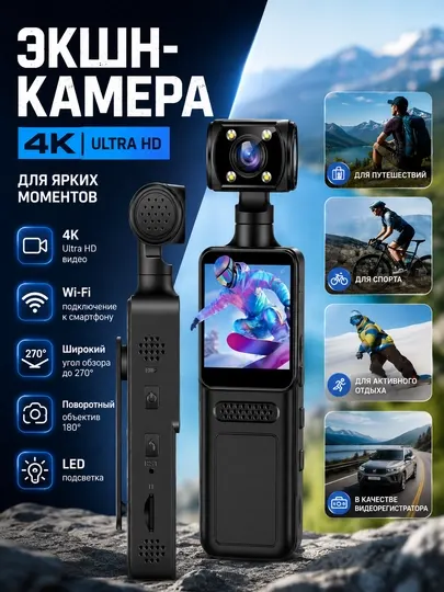 Компактная экшн-камера 4K с Wi-Fi, объективом 180° и флешкой 128 ГБ