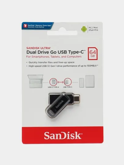 Флешка SanDisk Ultra Dual Drive с разъемом USB Type-C, 64 ГБ, 128 ГБ, 256 ГБ, 512 ГБ