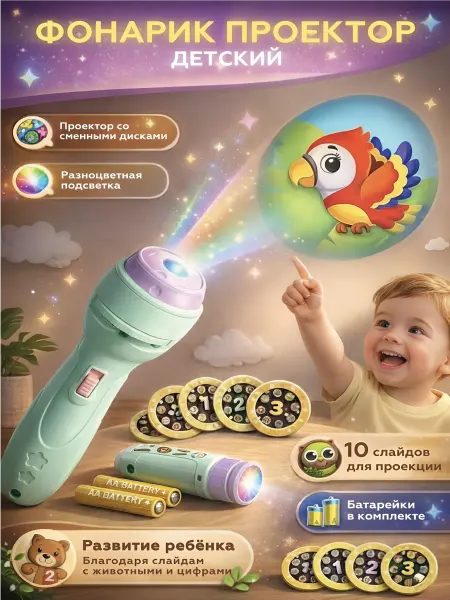 Фонарик проектор детский на батарейках игрушечный