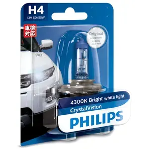 Лампа автомобильная галогенная Philips "CrystalVision", для фар, цоколь H4 (P43t), 12V, 60/55W В комплекте 1 шт.