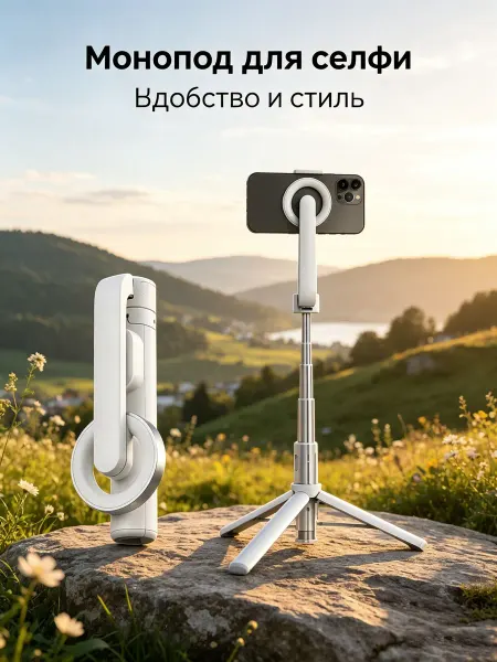 Селфи палка белая, телефон штатив