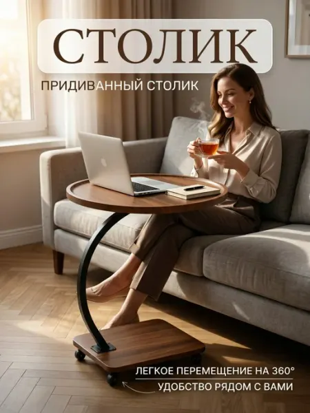Столик журнальный на колесиках С-образной формы