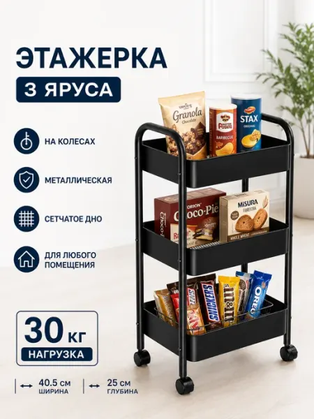Этажерка на колесах 3 яруса для кухни и ванной