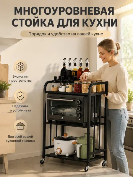 Стеллаж для кухни на колесах, мобильная тележка 3 полки