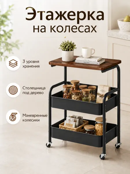 Этажерка на колесах 3 яруса со столешницей черная