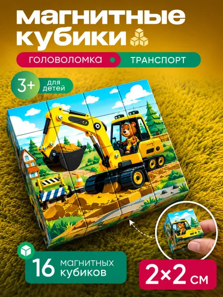 Магнитные кубики-пазл транспорт Развивающая игра для 3+