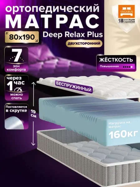 VEGARUS Матрас 80х190 на кровать беспружинный ортопедический
