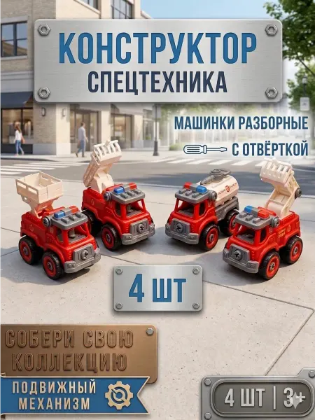 Umeloy Машинки для мальчиков пожарные набор 4 шт конструктор