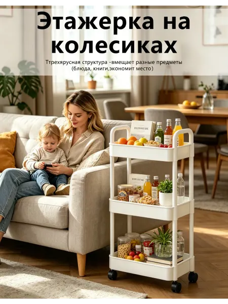 Трехъярусная этажерка на колесах для кухни балкона дома