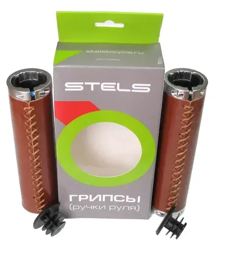 Грипсы для велосипеда 130мм STELS (ручки на руль) коричневые с серебристыми кольцами прошитые