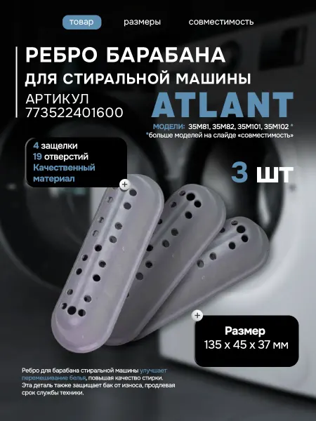 Атлант Ребра барабана стиральной машины Atlant, лопасть бойник 135