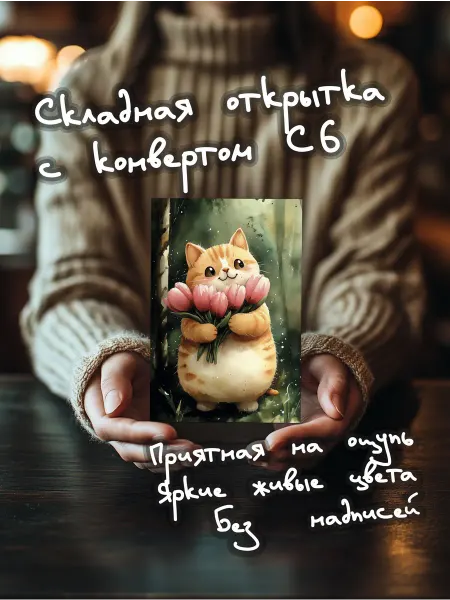 Станислав Миков Открытка Котик с тюльпанами с конвертом на 14 февраля