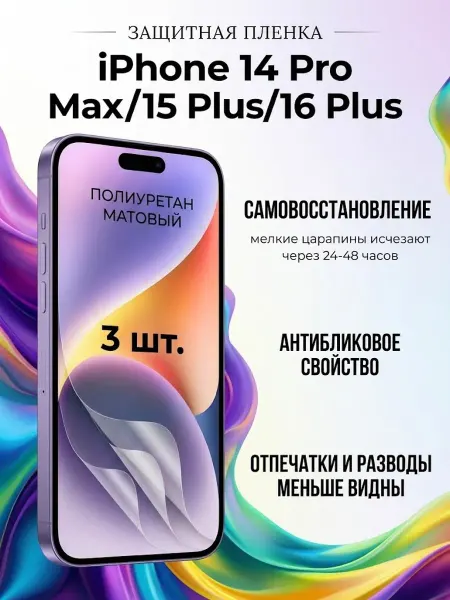 DifferentSHOP Матовая пленка полиуретан iPhone 14 ProMax 15Plus 16Plus 3шт