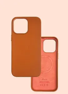 Кожаный чехол для iPhone 14 Pro Темно-Оранжевый с поддержкой MagSafe, чехол на айфон 14 про с защитой камеры