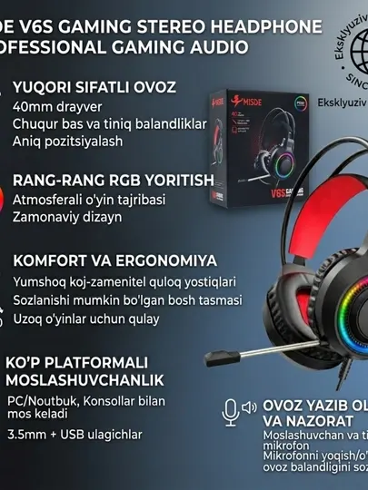 Игровые проводные наушники Misde V6S (Gaming Headset) – С RGB подсветкой и микрофоном