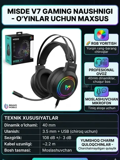 Misde V7 Gaming Headset — Профессиональная геймерская гарнитура с RGB-подсветкой