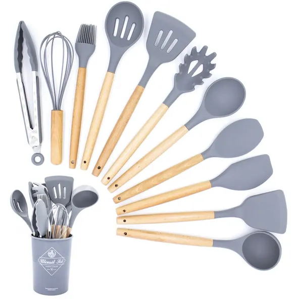 Набор навесок / кухонных принадлежностей Kitchen Set силикон (11 шт + подставка) бежевый