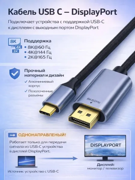 USB-C kabeli - DisplayPort 8K 60Hz, 4K 144Hz, alyuminiy korpus