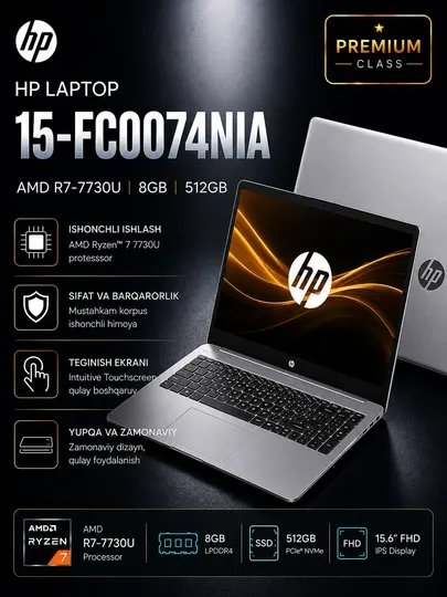 Ноутбук HP Laptop 15-fc0074nia Ryzen 7 7730U 8GB 512GB SSD 15.6” FHD IPS