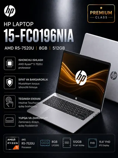 Ноутбук HP Laptop 15-fc0196nia Ryzen 5 7520U 8GB 512GB SSD 15.6” Full HD