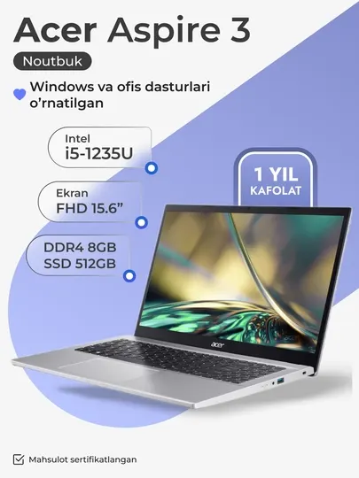 Ноутбук Acer Aspire 3, i5-1235U, DDR4 8 ГБ / SSD 512 ГБ, GeForce MX550 2 ГБ, 15.6" FHD LCD