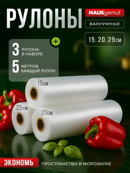HAUSgemut Пакеты для вакууматора рифленые 15, 20 и 25 см 3 рулона