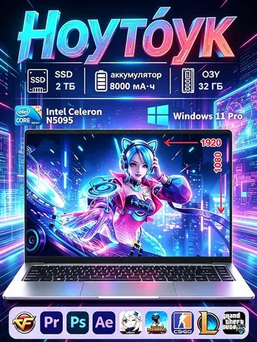 KHXZ Ноутбук для работы и учёбы Ноутбук 15.6", Intel Celeron N5095, RAM 32 ГБ, SSD 2048 ГБ, Intel UHD Graphics, Windows Pro, черный матовый, Русская раскладка