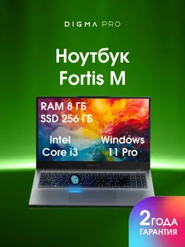 Digma Pro Fortis M Ноутбук 15.6", Intel Core i3-1215U, RAM 8 ГБ, SSD 256 ГБ, Intel UHD Graphics, Windows Pro, (DN15P3-8CXW04), серый, Русская раскладка