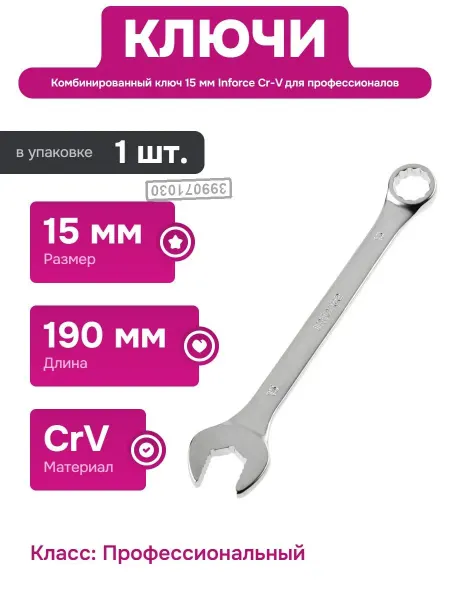 Inforce Комбинированный ключ 15 мм CrV профессиональный для ремонта