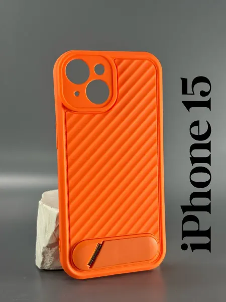 Чехол на iPhone 15, оранжевый с подставкой