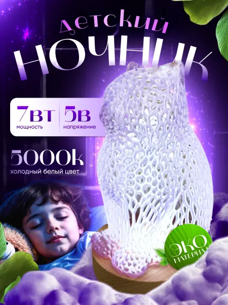 Ночник светильник детский настольный Кот USB 7Вт
