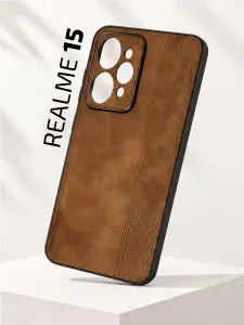 Чехол кожаный на Realme 15 (Реалми 15) с защитой камеры, геометрия, коричневый