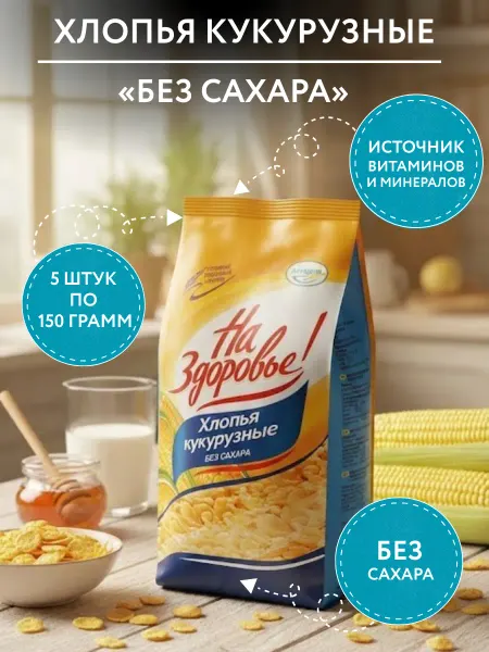 Кунцево Хлопья кукурузные без сахара 150г. - 5 шт