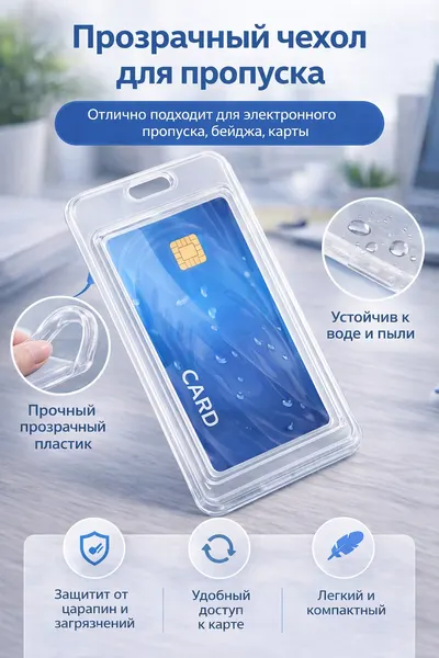 Бейдж для пропуска, пластик, прозрачный, вертикальный, зажим