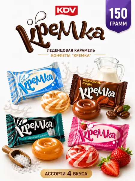 KDV Конфеты карамель леденцовая Кремка 4 вкуса 150 г