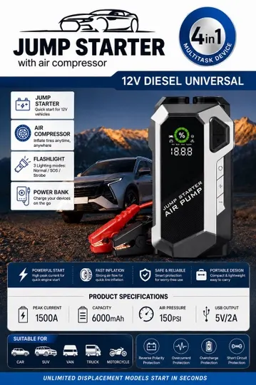 Пусковое устройство с воздушным компрессором 4в1 (Jump Starter), 18000 мАч, 1500А