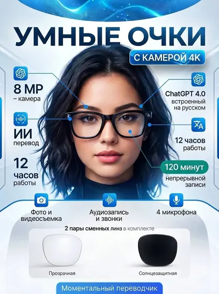 Очки с камерой и микрофоном / Многофункциональные умные очки / CY-01 / Солнцезащитные