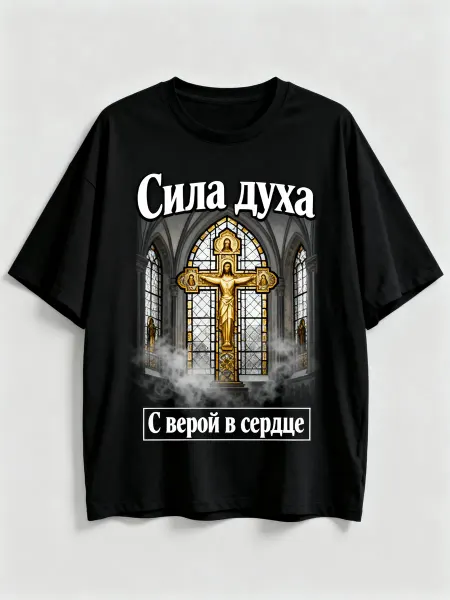 Футболка с православным крестом и надписями Сила духа, С вер