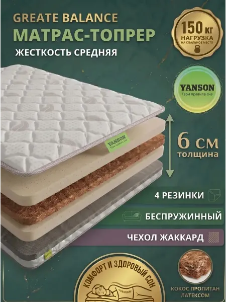 YANSON Твои правила сна Матрас топпер 6 см кокос-пена ортопедический 150х220 YANSON