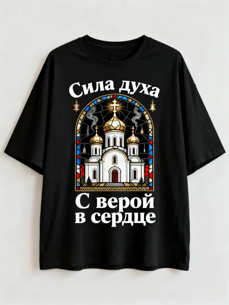 Футболка с изображением православного храма, надписями «Сила