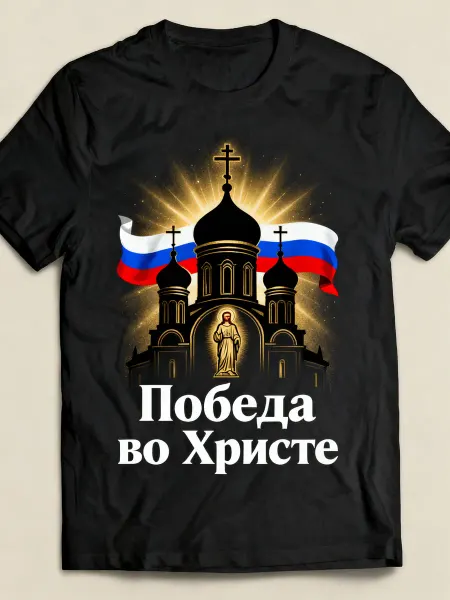 Футболка с изображением православного храма, флагом России и