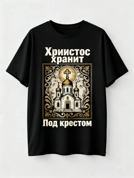 Футболка с православным храмом и надписью «Христос хранит по