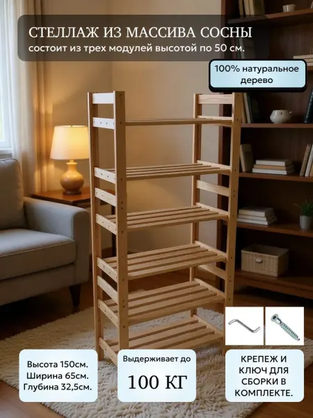 Стеллаж деревянный из массива сосны 150х65х32.5см