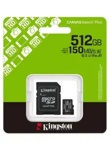 Карта памяти MicroSDXC 512 Gb Kingston SDCS3/512GB 150Mb/s Canvas Select Plus Gen3 A1 U3, с адаптером