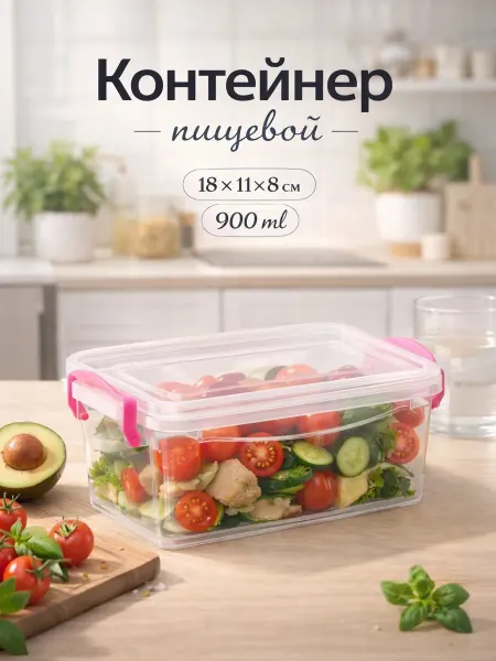 RICCO (Посуда хозтовары) Контейнер пищевой с крышкой на защелках 900 мл 18×11×8 см