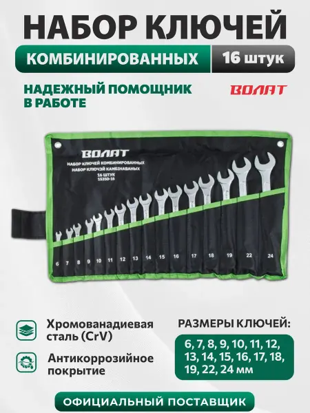 ВОЛАТ Набор ключей комбинированных 6-24 мм 16 предметов (15350-16)