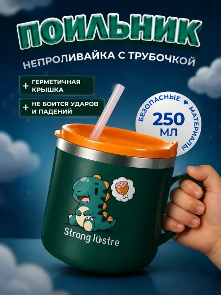 Кружка детская непроливайка с трубочкой. Термокружка