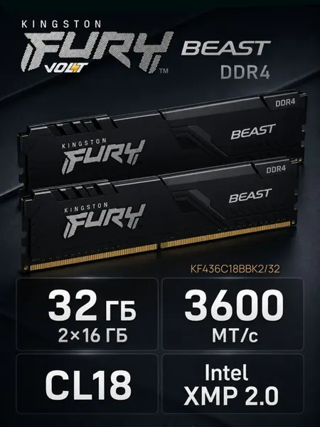 Kingston Fury Оперативная память Beast Black DDR4 3600 МГц DDR4, 3600 МГц, 2 x 16 ГБ (KF436C18BBK2/32)