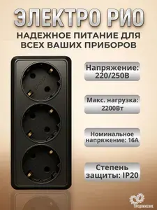 Розетка накладная тройная с заземлением РИО черная, 220В, 16А, для гаража/дома/квартиры